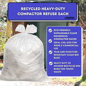 Recycled heavy-duty compactor refuse sack with product details on a blue background