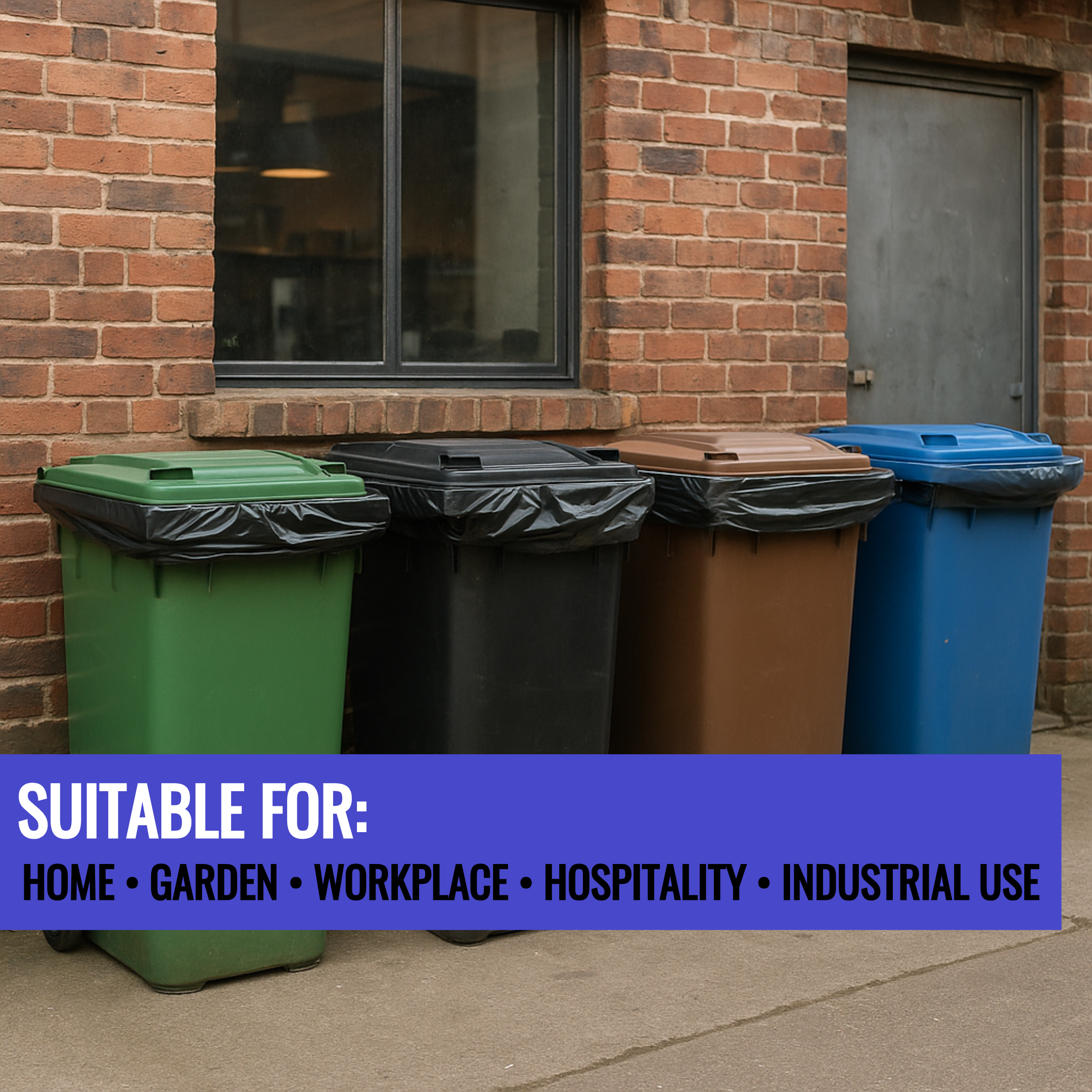 Four trash bins in green, black, brown, and blue against a brick wall.