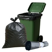 Green trash bin with black trash bags and a roll of wheelie bin liners on a white background | Liquipak