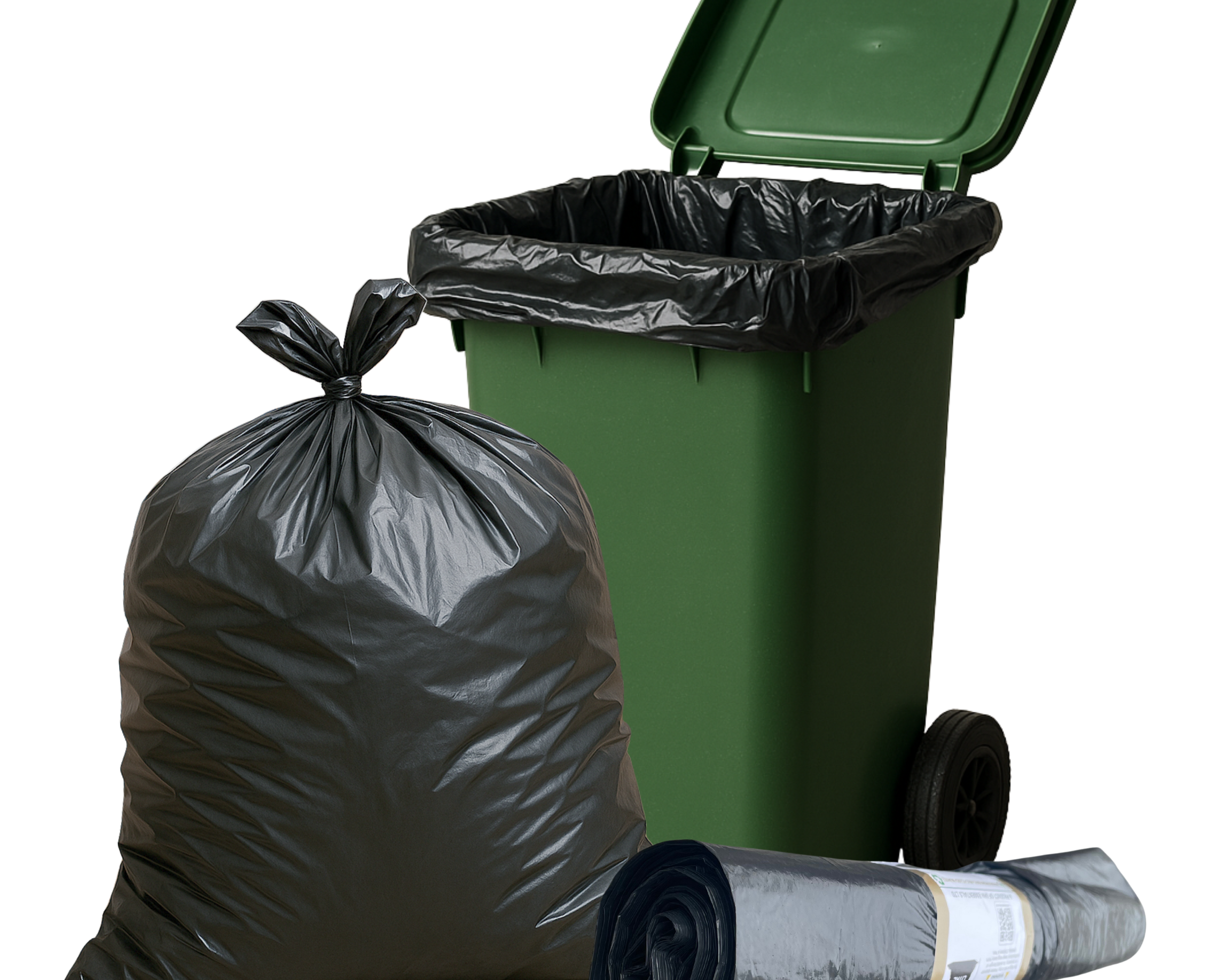 Green trash bin with black trash bags and a roll of wheelie bin liners on a white background | Liquipak