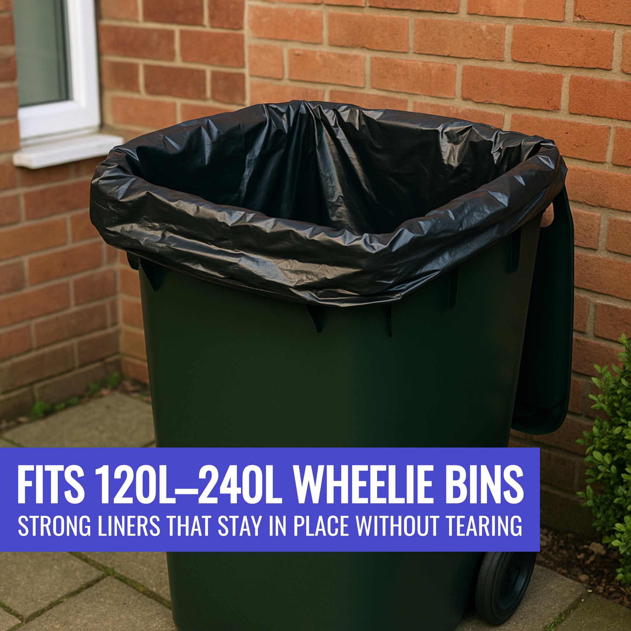 Black trash bag in a green wheelie bin against a brick wall.