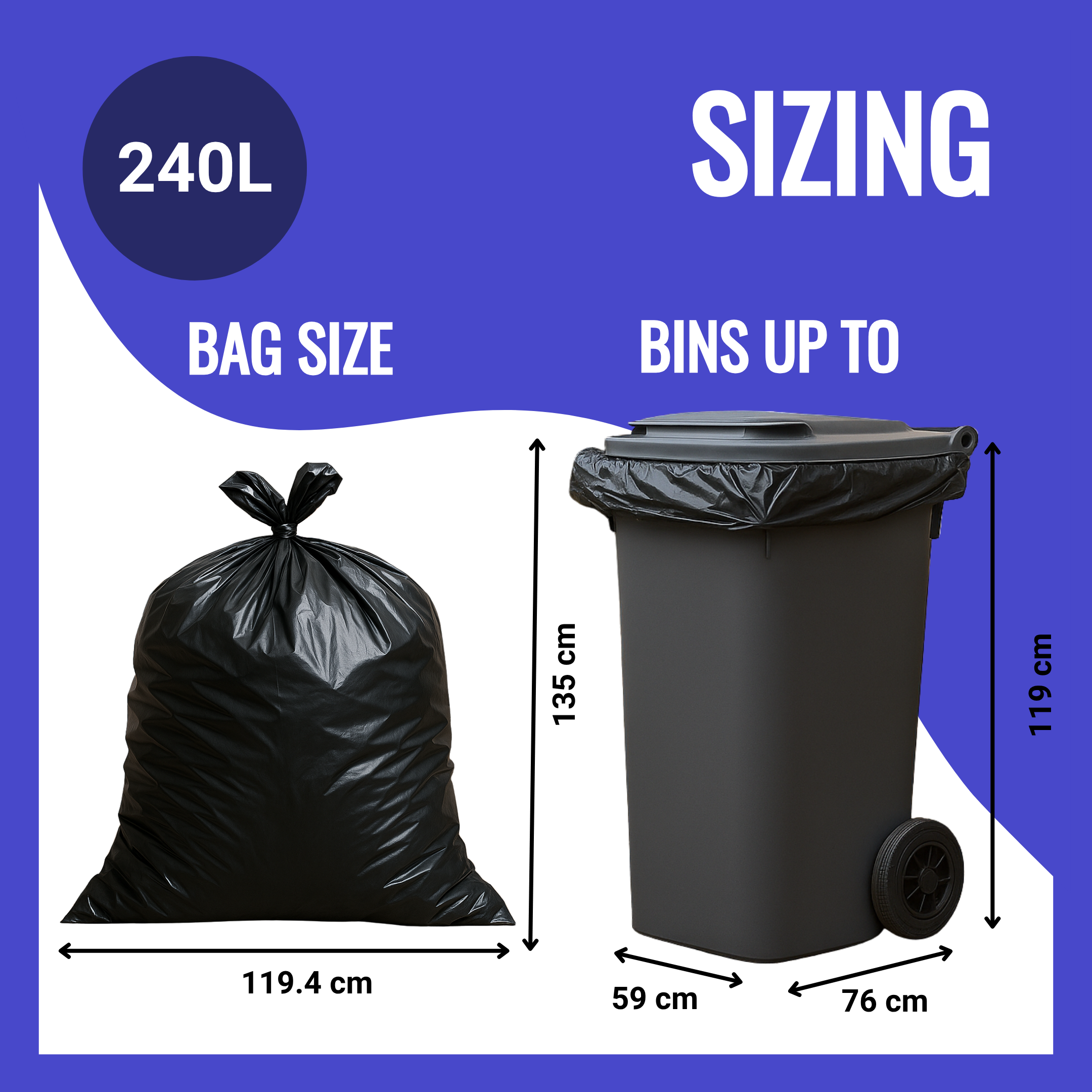 Black trash bag and bin with measurements on a blue background