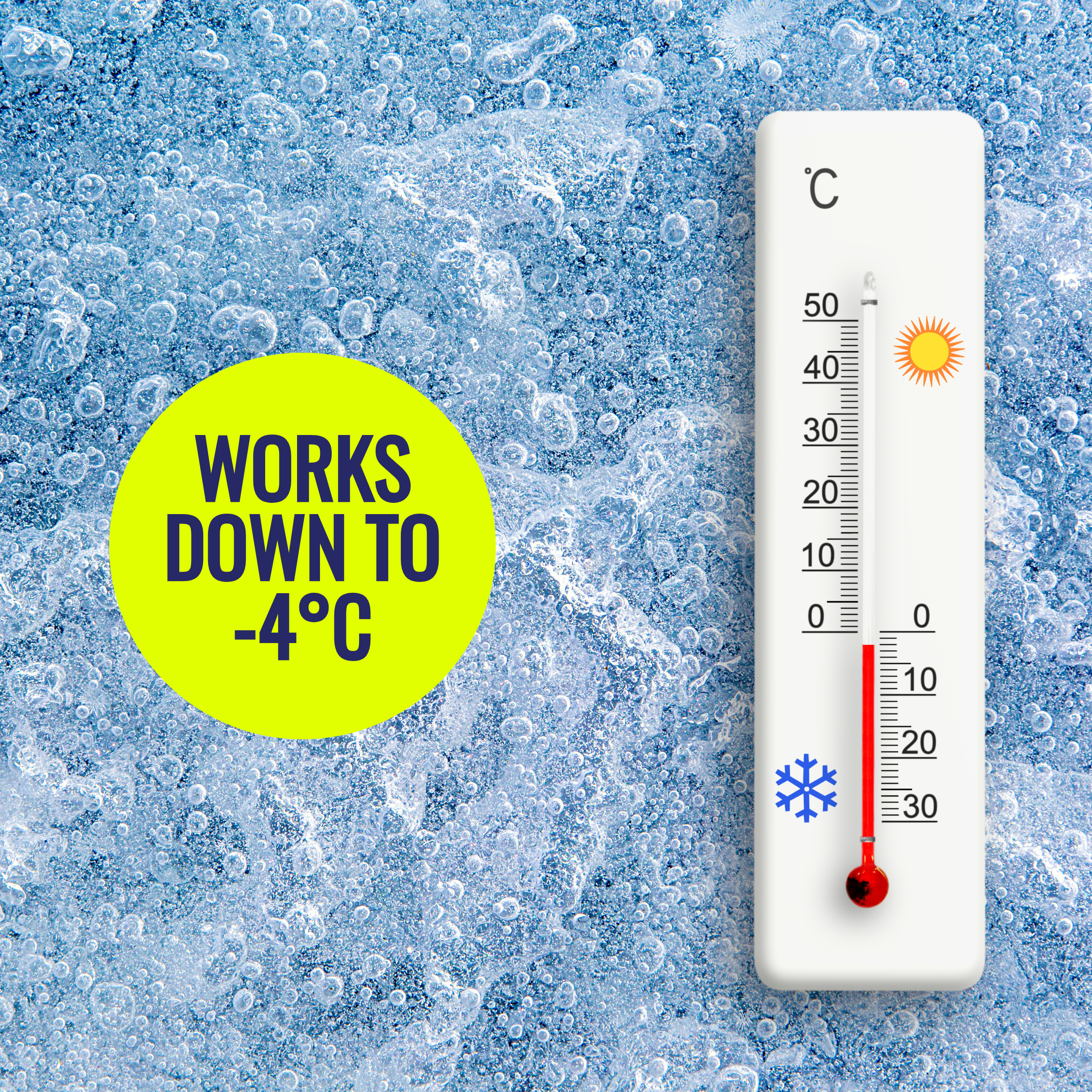 Thermometer on a frosty surface with text indicating temperature range