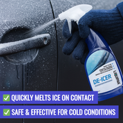 Person using Liquipak's de-icer spray on a car door with text highlighting its features.