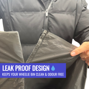 Person holding a leak-proof black bin liner with text on a white background