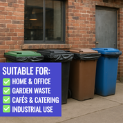 Four trash bins in different colors (green, black, brown, blue) against a brick wall with text indicating their uses.