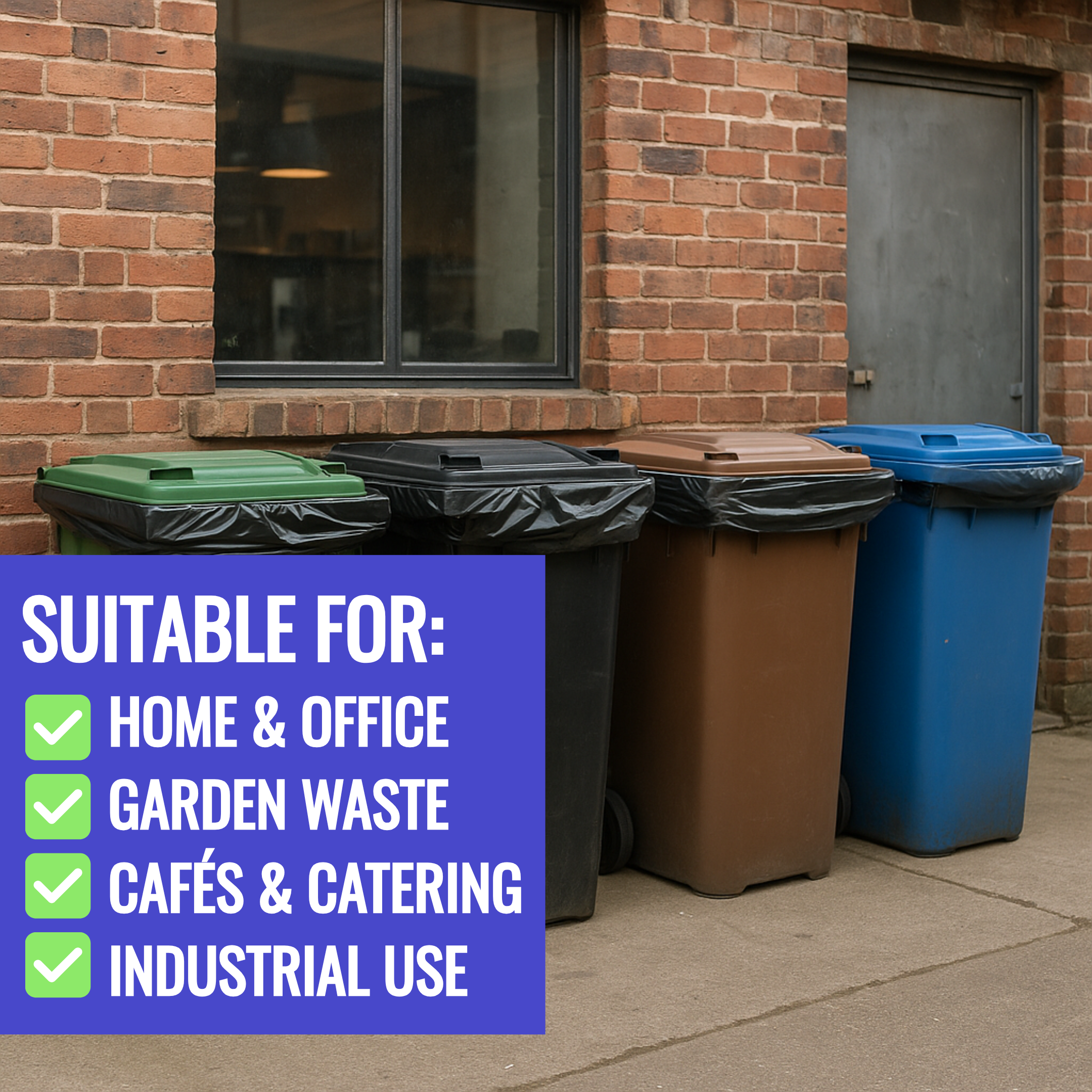 Four trash bins in different colors (green, black, brown, blue) against a brick wall with text indicating their uses.
