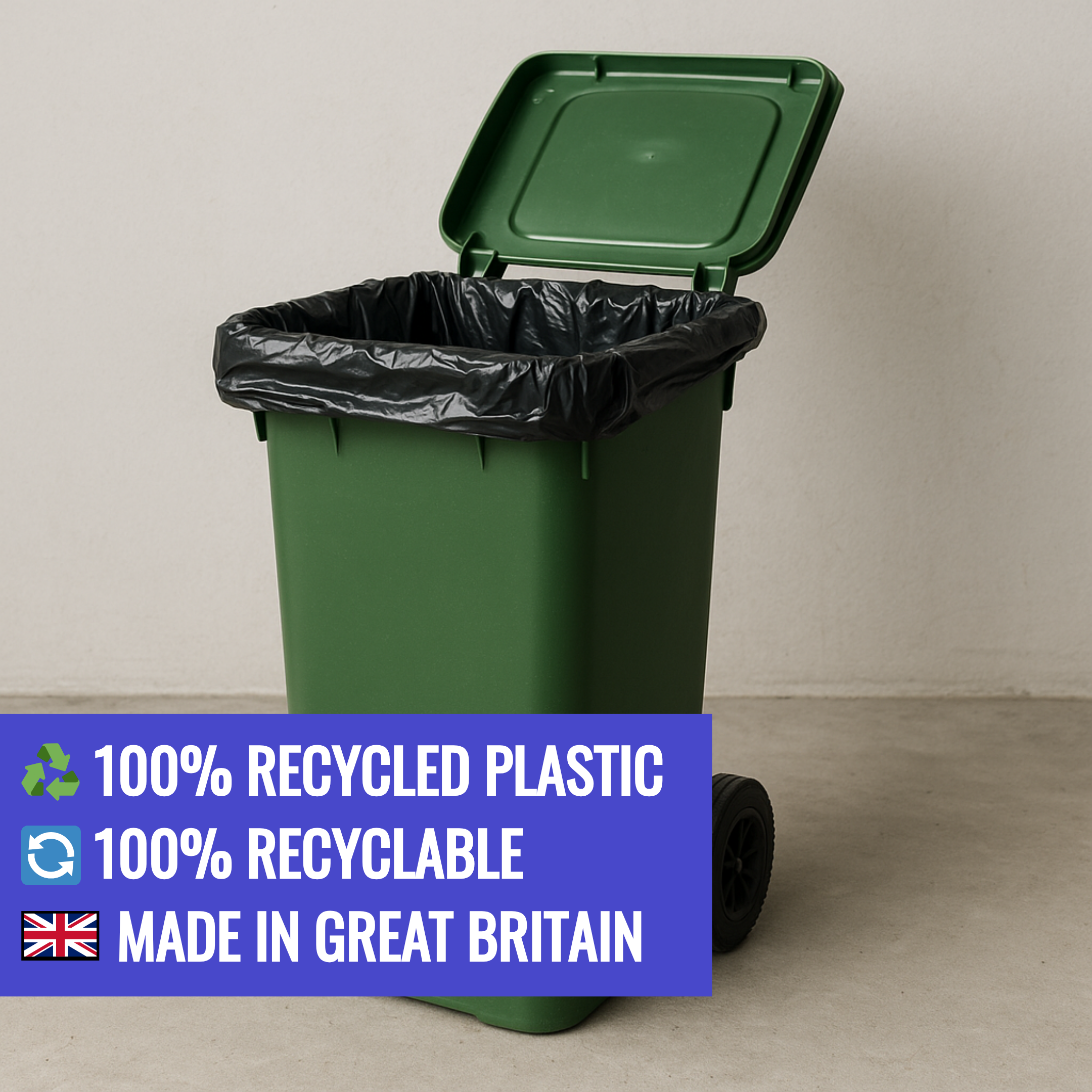 Green recycling bin with a black liner on a beige floor, featuring text about material properties.