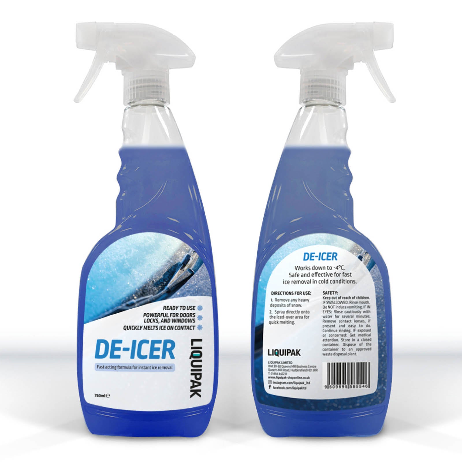 Two bottles of DE-ICER spray with labels on a white background 750ml