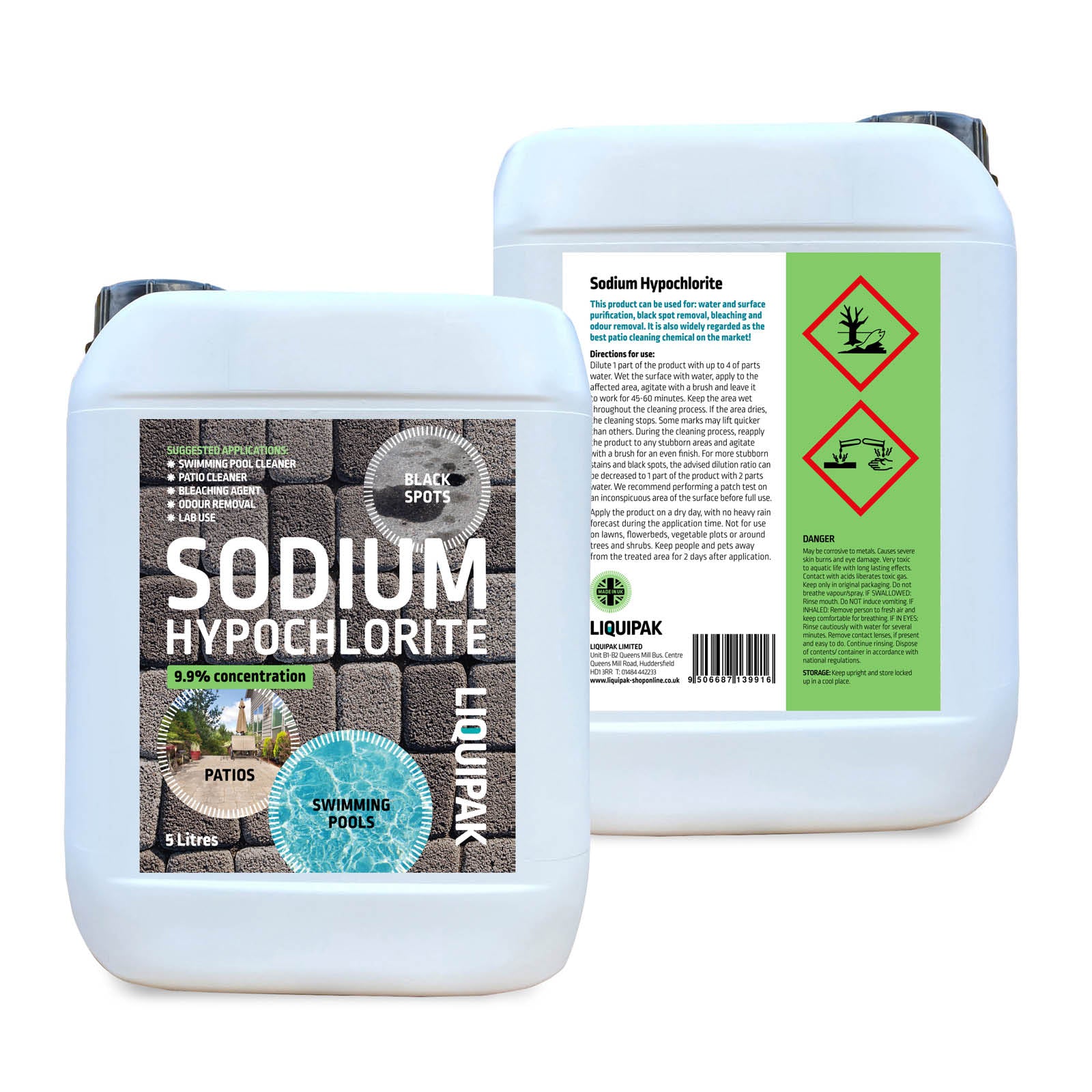Sodium Hypochlorite 9.99% Concentration 5L  Patio Cleaner Back Label | Liquipak