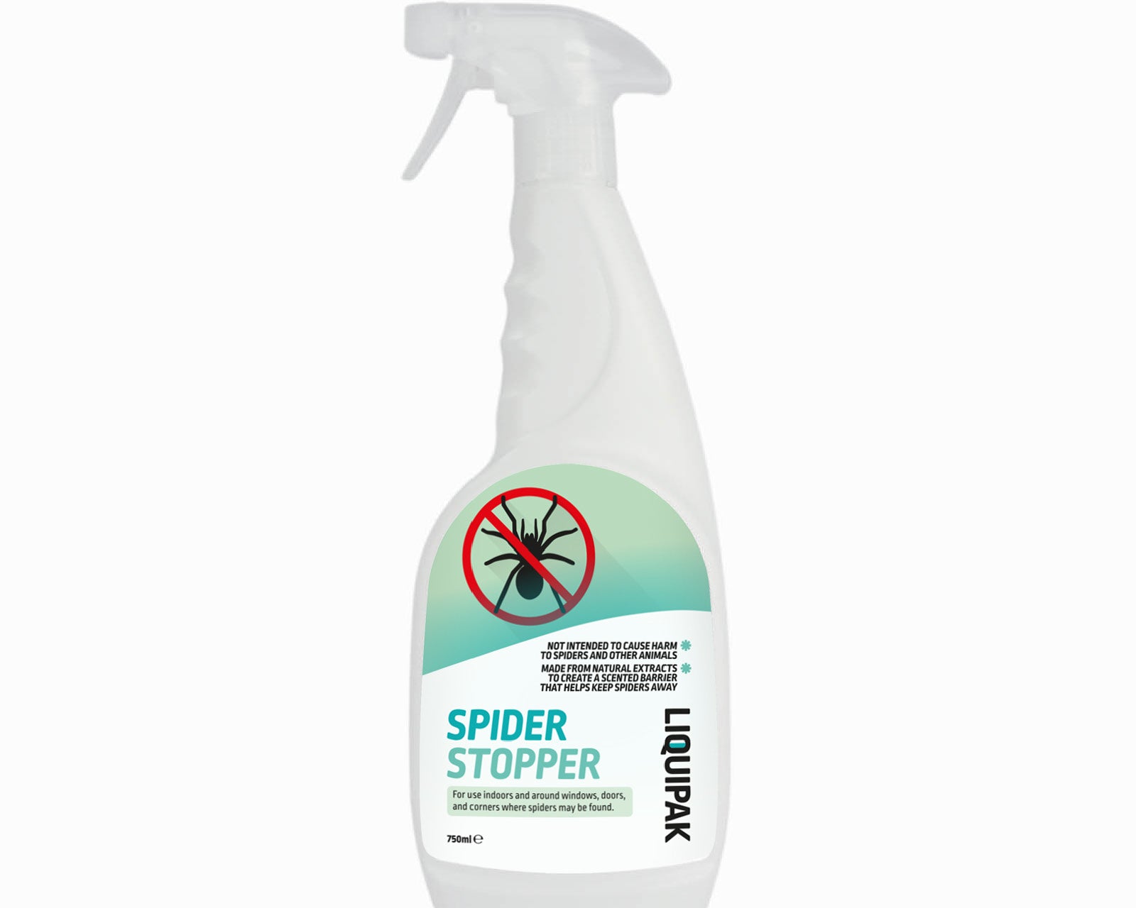 Spray bottle labeled 'Spider Stopper' on a white background. Liquipak Spider Stopper 750ml