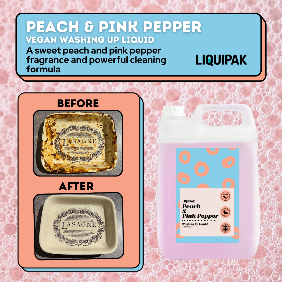 Liquipak - Peach & Pink Pepper Vegan Washing Up Liquid Before and After