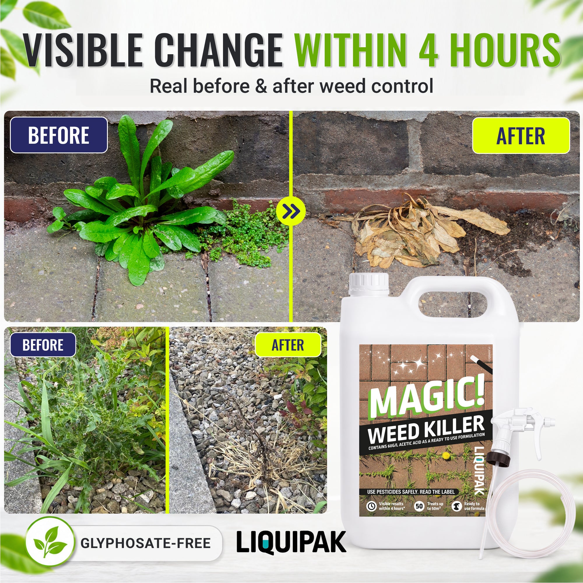 Liquipak Magic Weed Killer bottle shown with a spray nozzle, alongside before-and-after lawn and garden photos demonstrating weed control results within 4 hours.