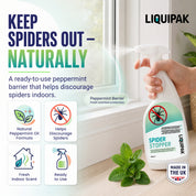 A hand holds a bottle of LIQUIPAK Spider Stopper spray in front of a window, with text and icons promoting a peppermint barrier formula. A mint leaf sits on the windowsill.