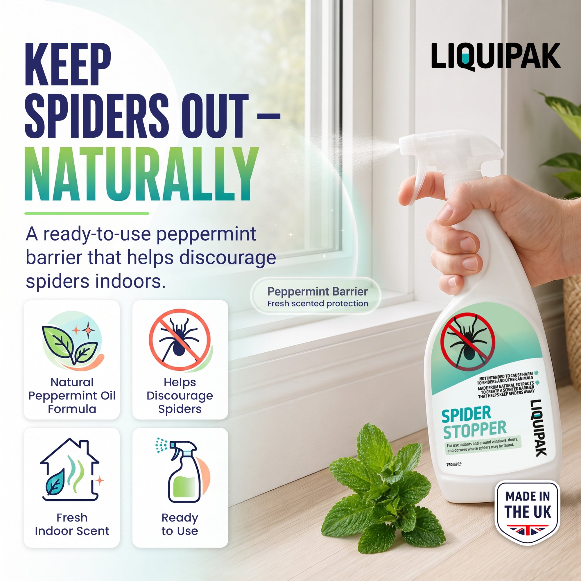 A hand holds a bottle of LIQUIPAK Spider Stopper spray in front of a window, with text and icons promoting a peppermint barrier formula. A mint leaf sits on the windowsill.