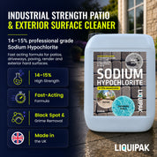 Liquipak Sodium Hypochlorite container with product details on an outdoor patio background