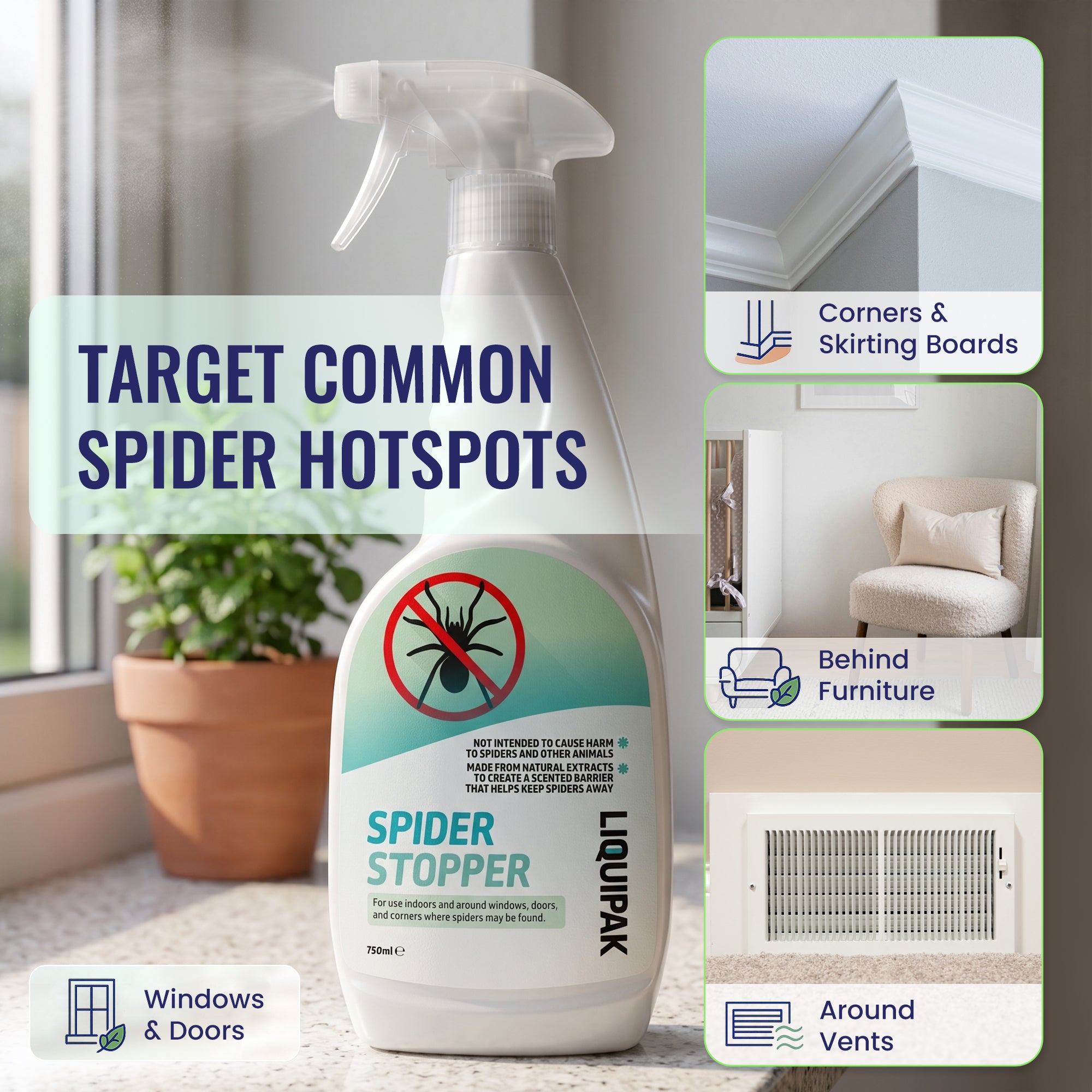 A bottle of LIQUPAK Spider Stopper spray is shown on a windowsill in a home setting, with text overlays highlighting common spider hotspots like corners, skirting boards, behind furniture, windows, and vents. Three inset images demonstrate the spray being applied to these locations.