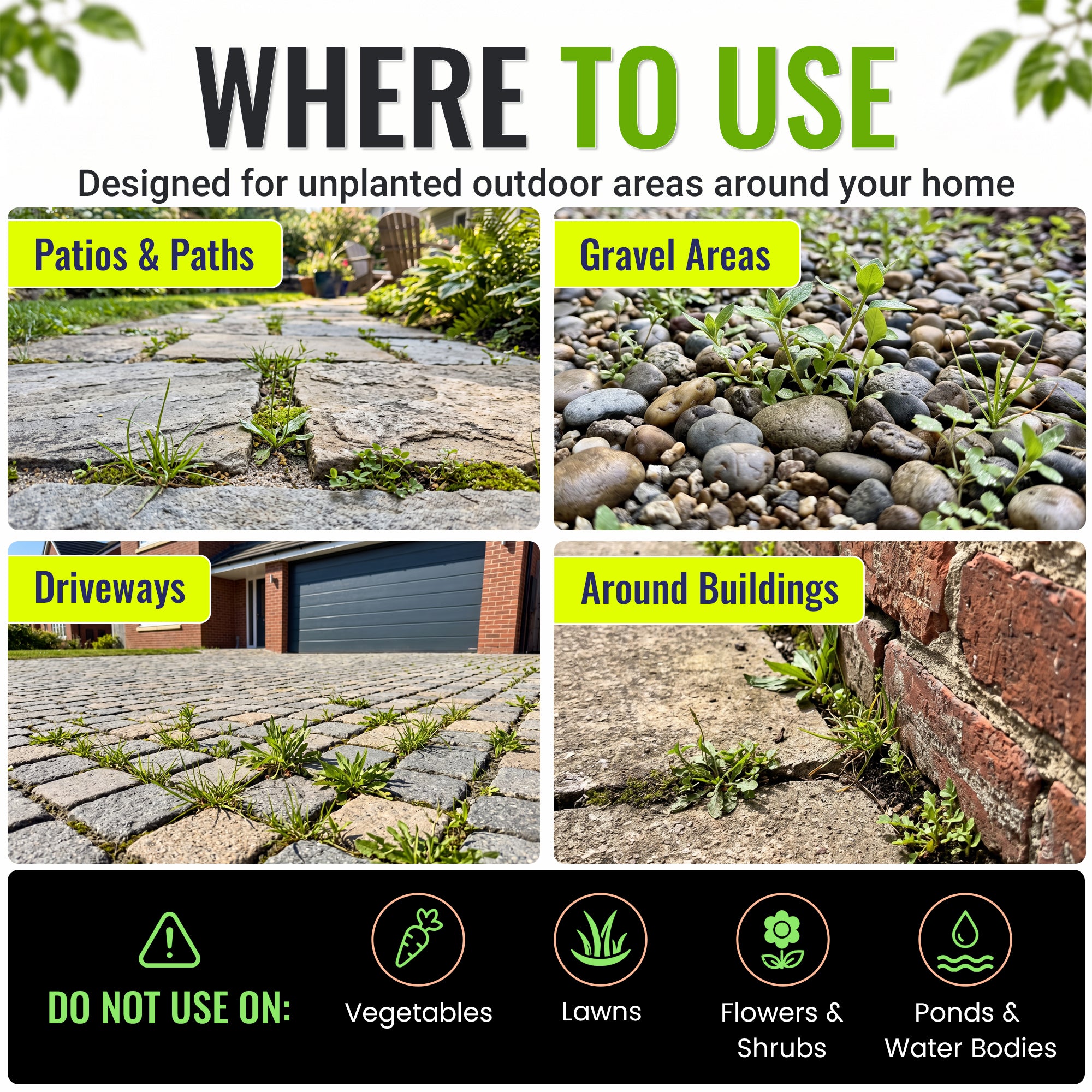 An informational graphic titled 'WHERE TO USE' showing four outdoor application areas: patios and paths, gravel areas, driveways, and around buildings. Each panel includes a small inset photo of grass growing through stone or concrete, with yellow labels.