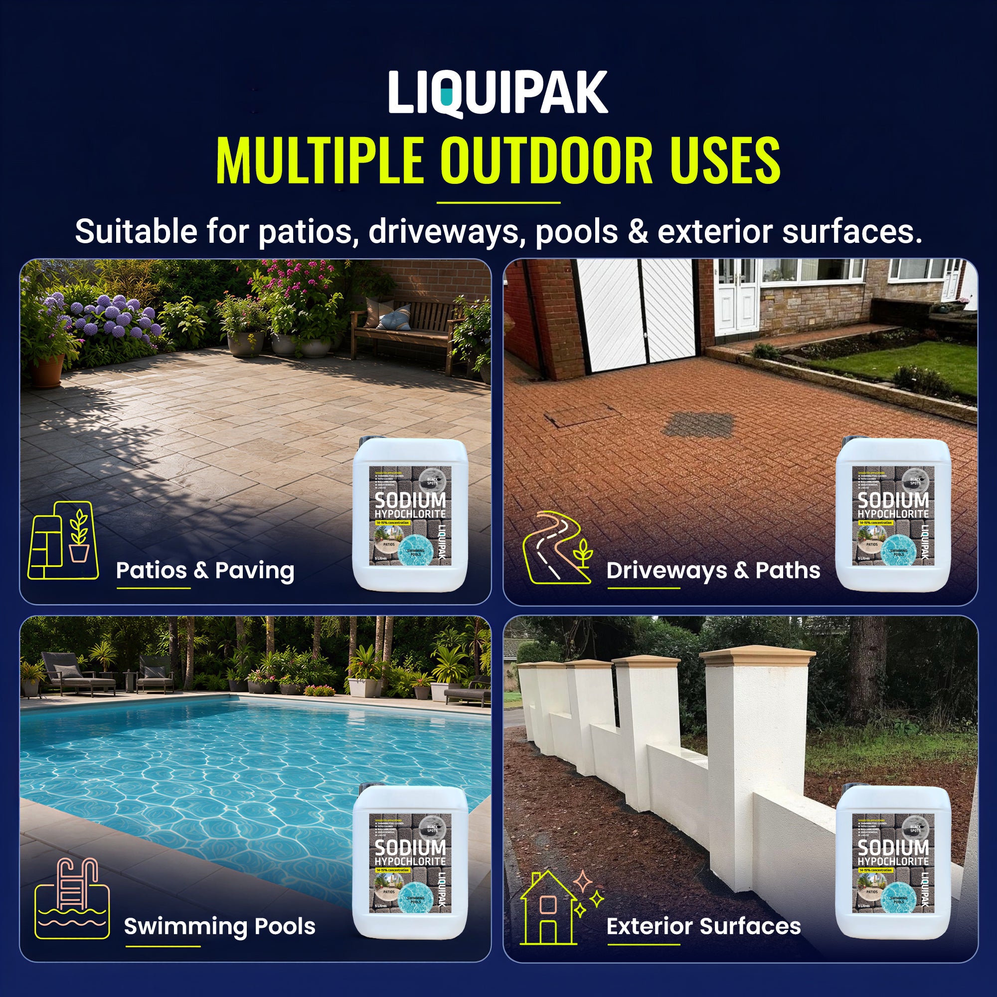 Sodium Hypochlorite 14 - 15% PROFESSIONAL STRENGTH CLEANING.
Helps remove black spots, algae & organic staining | Liquipak