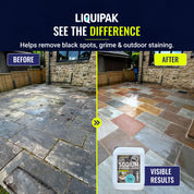 Before and after comparison of a patio with Liquipak product application showing cleaner surface.