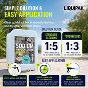 Sodium Hypochlorite 14 - 15% PROFESSIONAL STRENGTH CLEANING.
Helps remove black spots, algae & organic staining | Liquipak