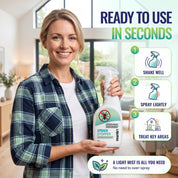 A woman in a blue and green plaid shirt holds a bottle of Lubrick Spider Stopper in a bright, modern room. The image includes text overlays explaining how to use the spray in three steps, with icons for shake well, spray lightly, and treat key areas.