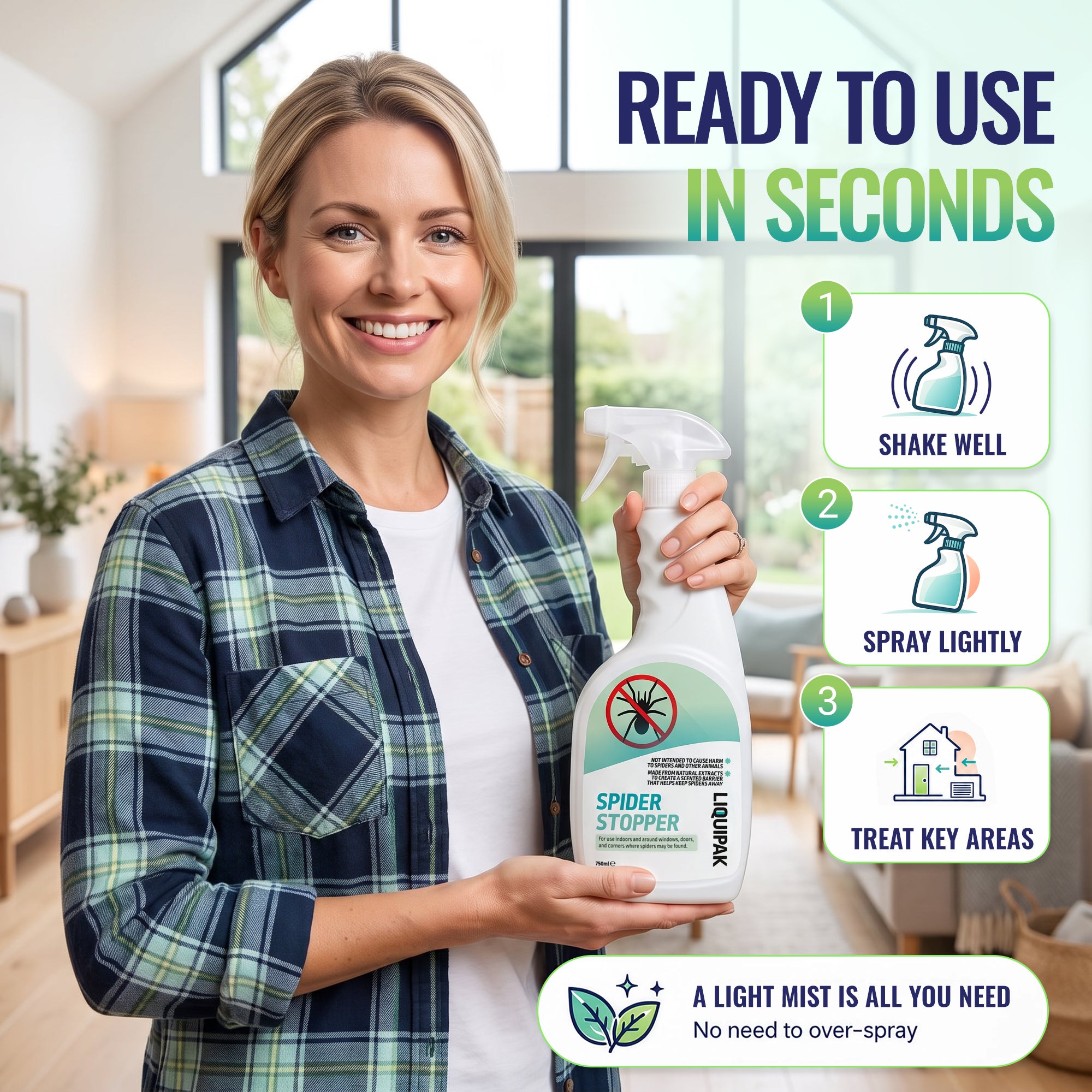 A woman in a blue and green plaid shirt holds a bottle of Lubrick Spider Stopper in a bright, modern room. The image includes text overlays explaining how to use the spray in three steps, with icons for shake well, spray lightly, and treat key areas.