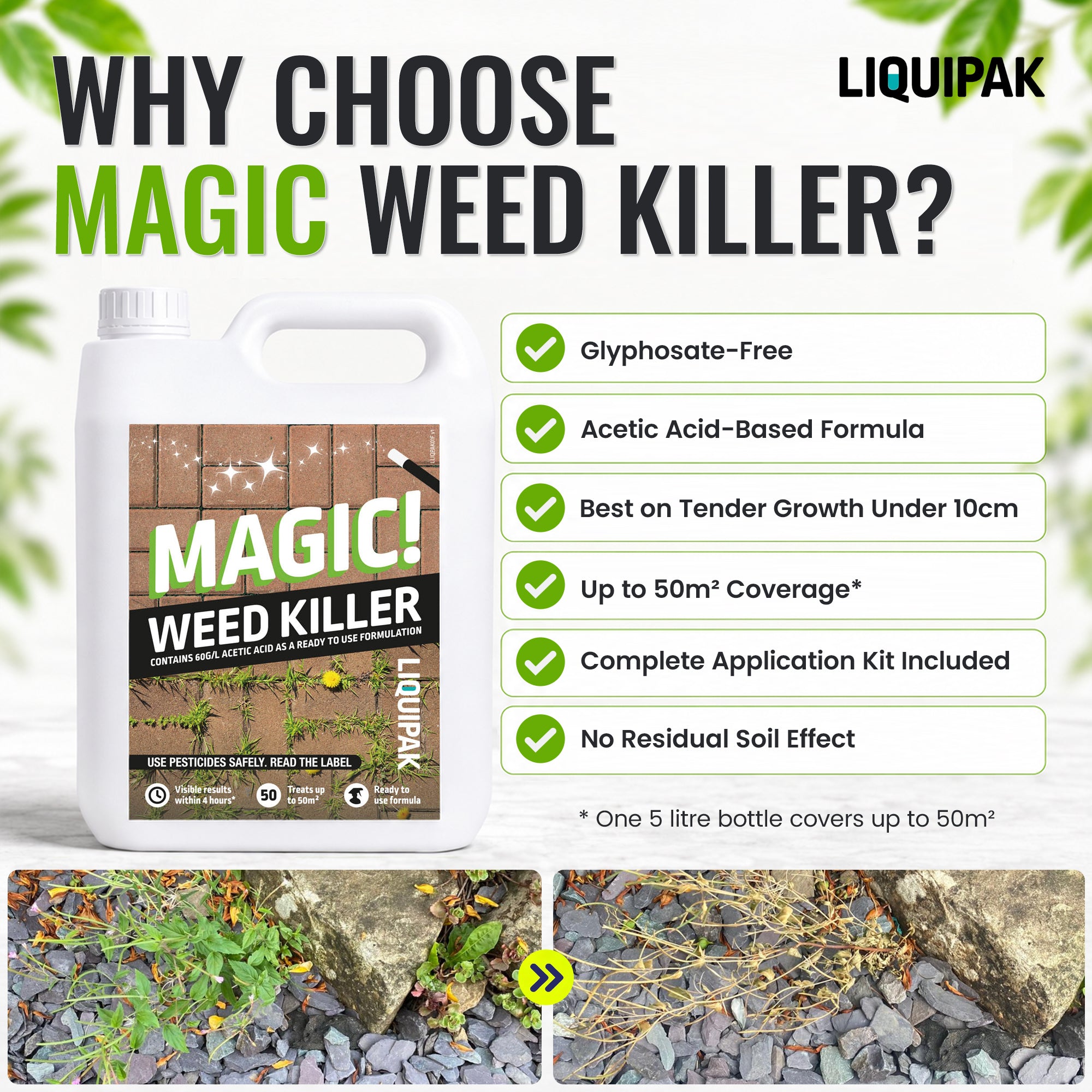 A 5 litre bottle of LIQUIPAK Magic Weed Killer shown next to a list of benefits on a white background with green accents. The bottle is white with a black and green label.
