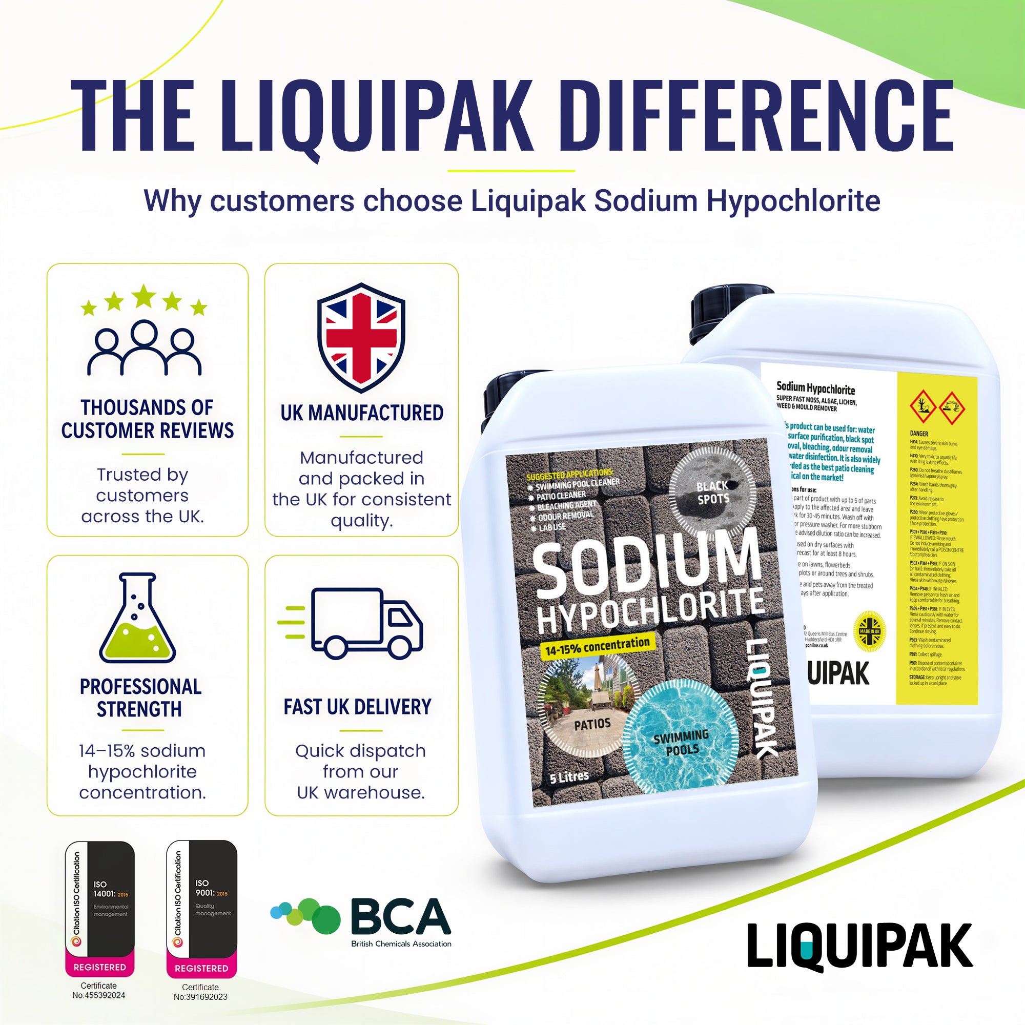 Liquipak Sodium Hypochlorite product with branding and features on a white background