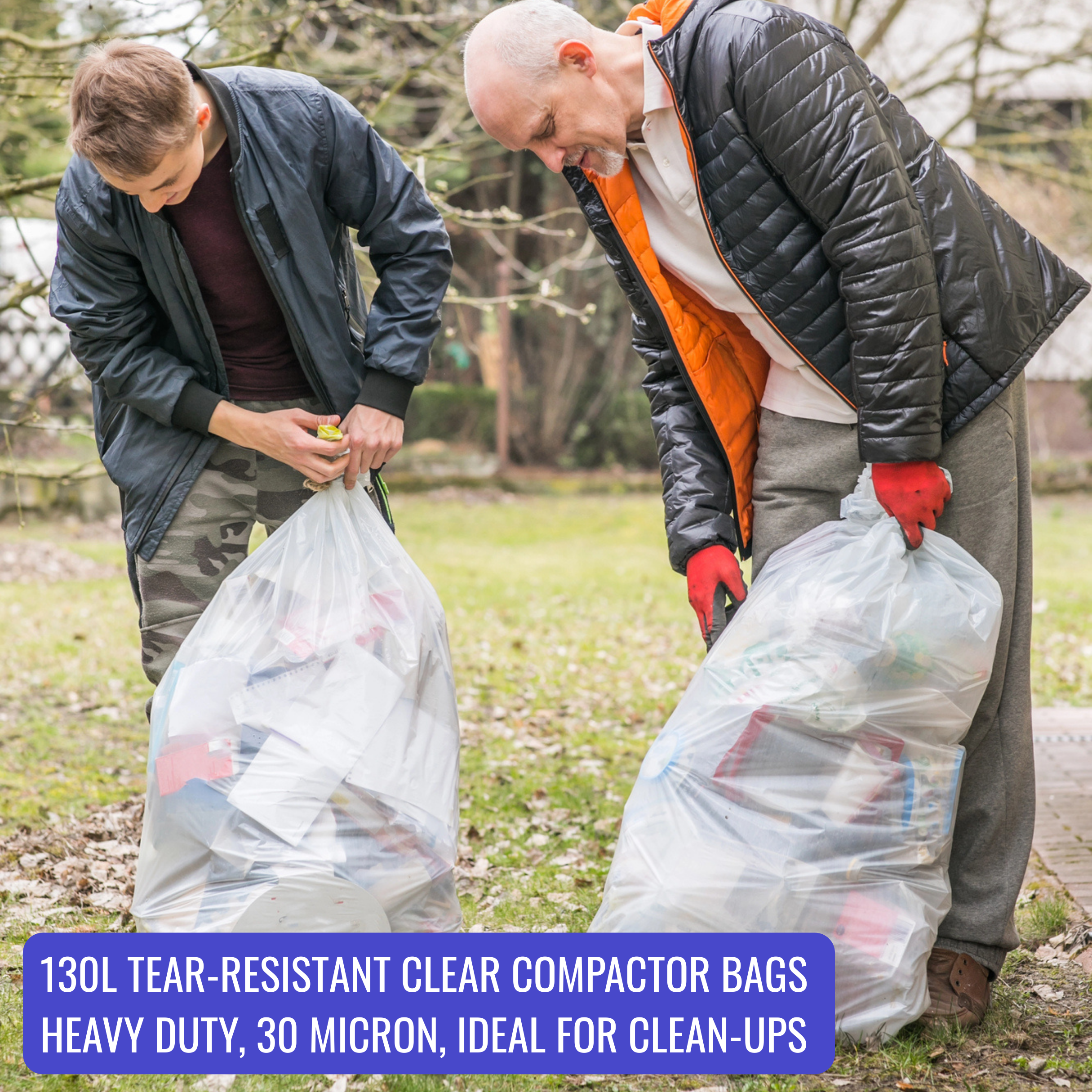 Two men carrying large bags of trash outdoors with promotional text about tear-resistant clear compactor bags.