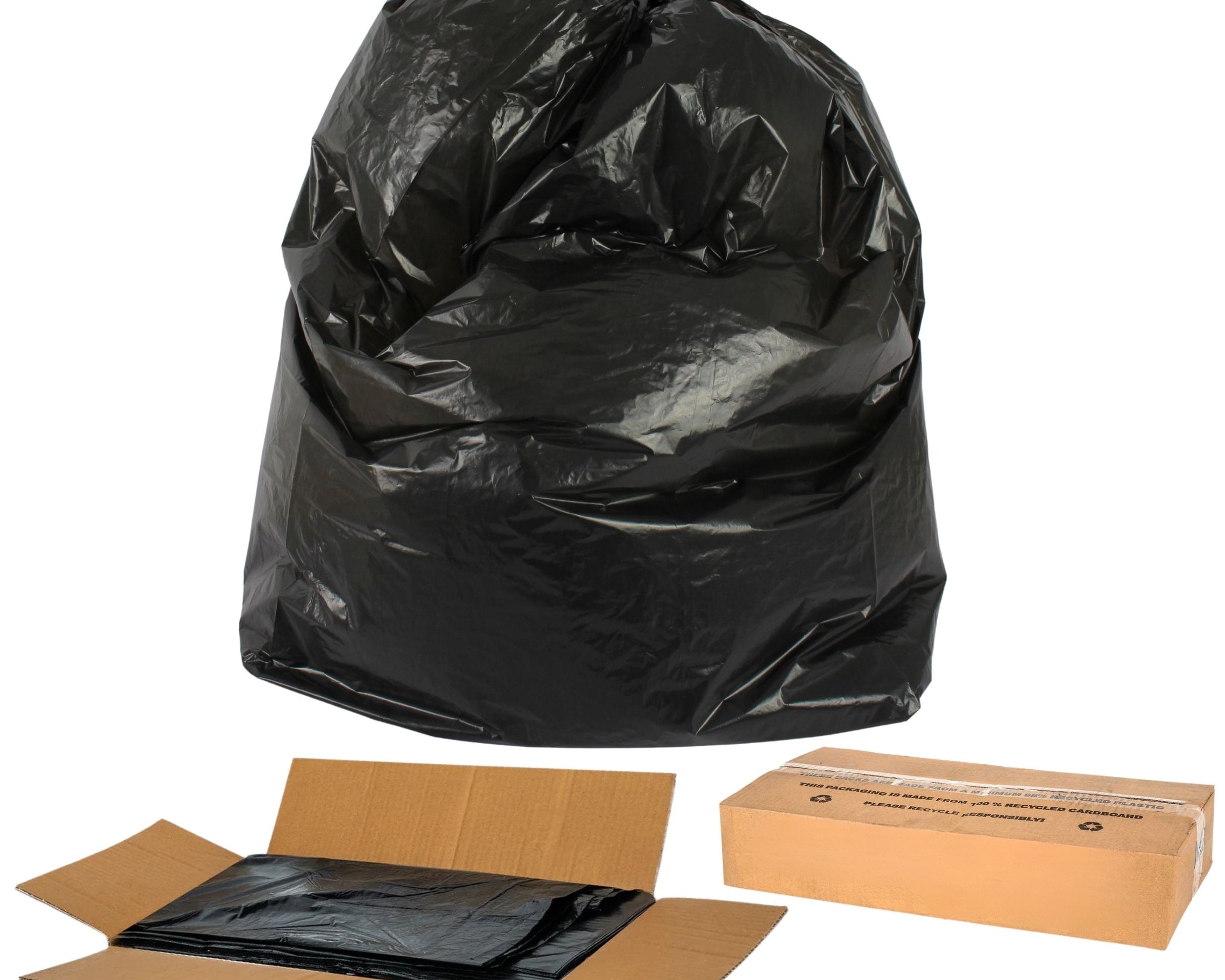 Black trash bag with cardboard box and packaging on a white background Liquipak
