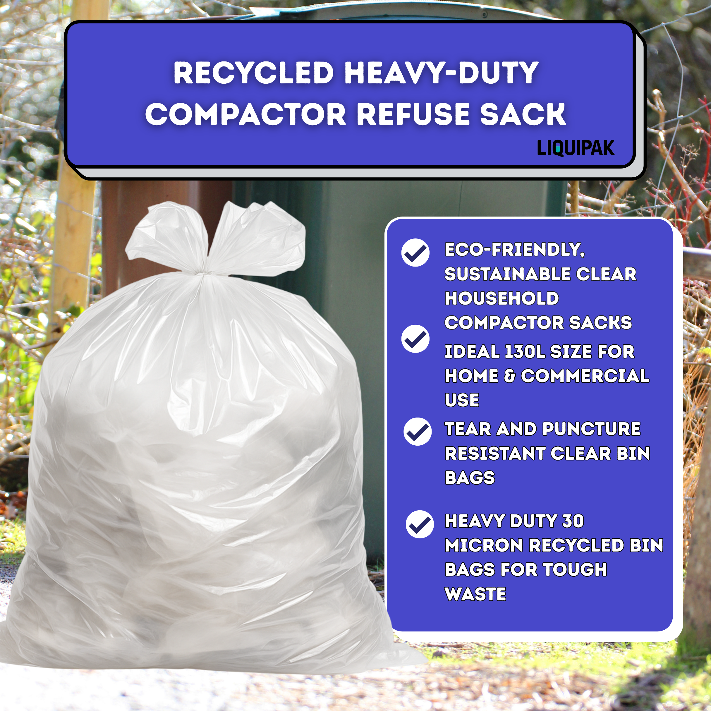 Recycled heavy-duty compactor refuse sack with product details on a blue background