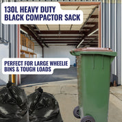 Heavy duty black compactor sack with text overlay in a warehouse setting