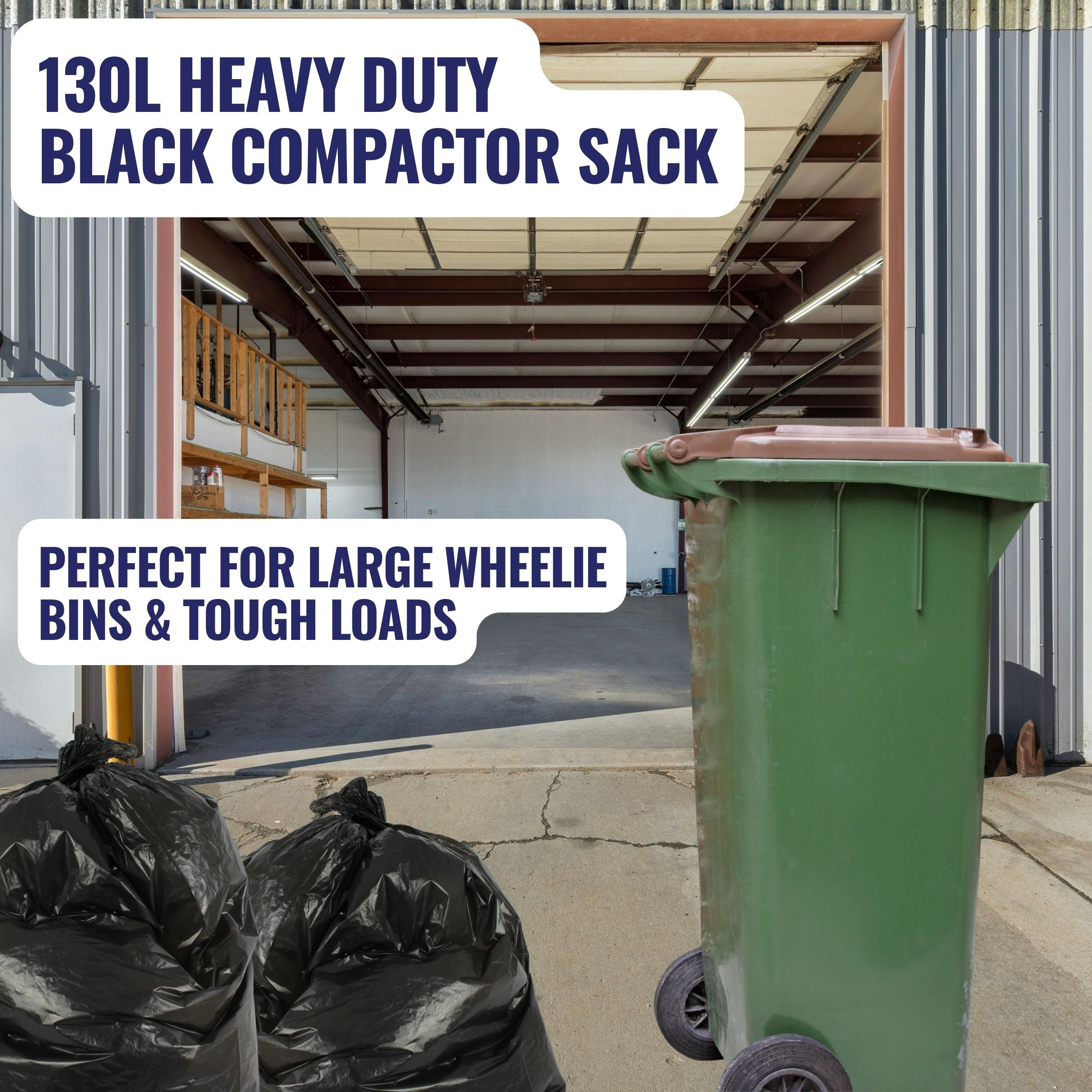 Heavy duty black compactor sack with text overlay in a warehouse setting