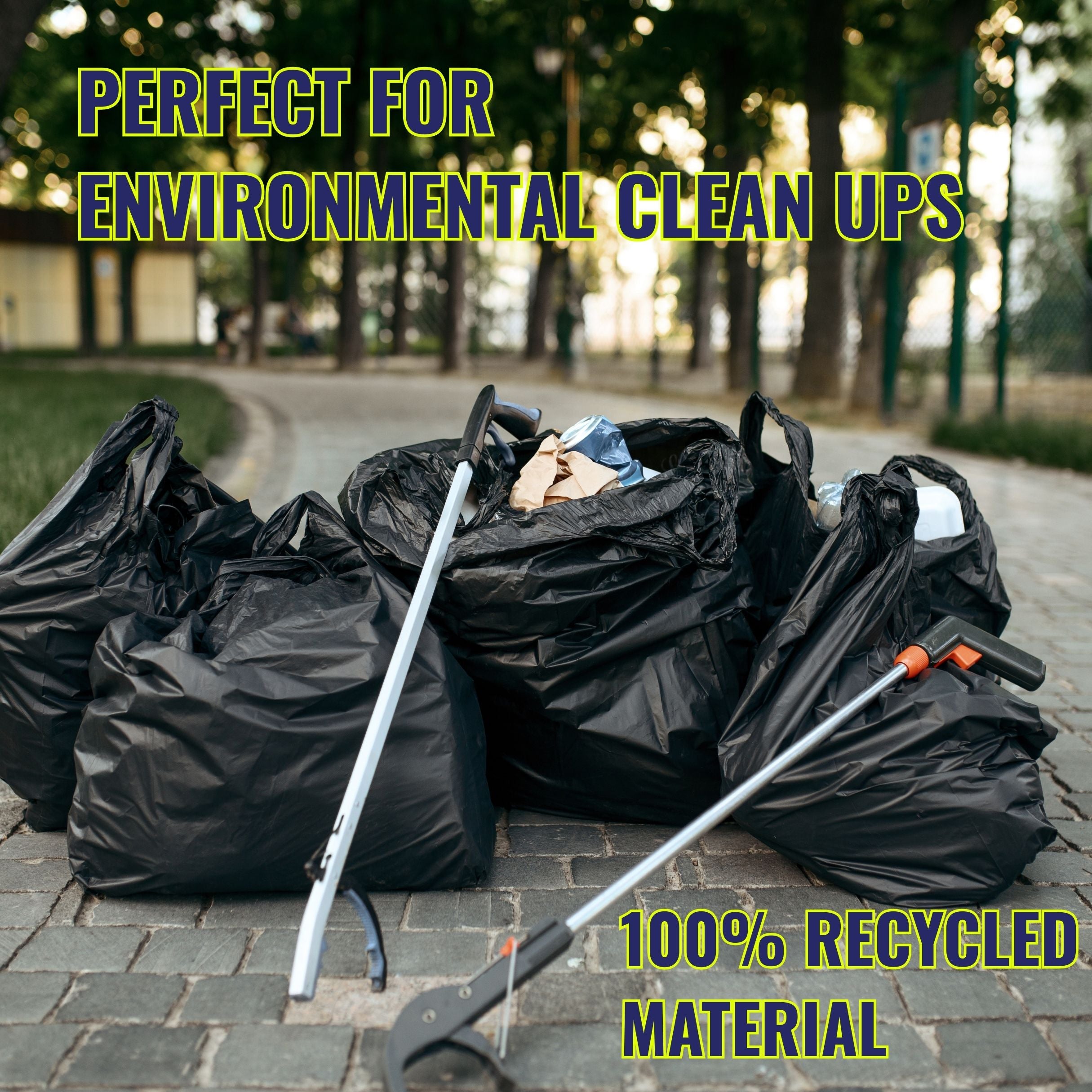 Black trash bags and cleaning tools on a paved path with text about environmental cleanup and recycled material.
