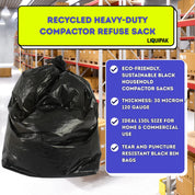 Recycled heavy-duty compactor refuse sack with product details in a warehouse setting