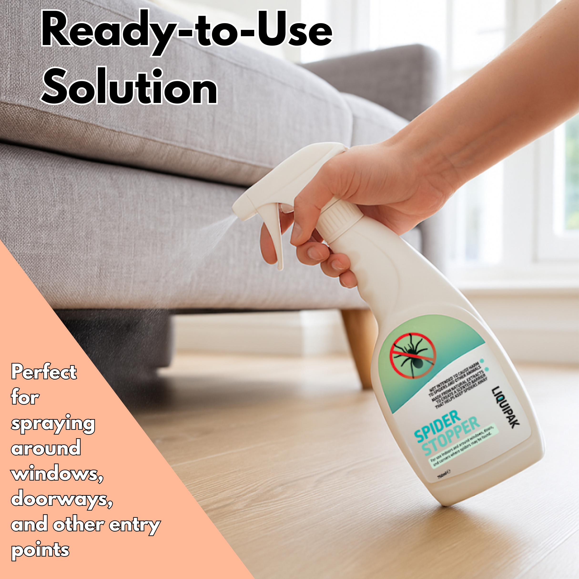 Liquipak Spray bottle labeled 'Spider Stopper' being held by a hand on a wooden floor with text about its use.