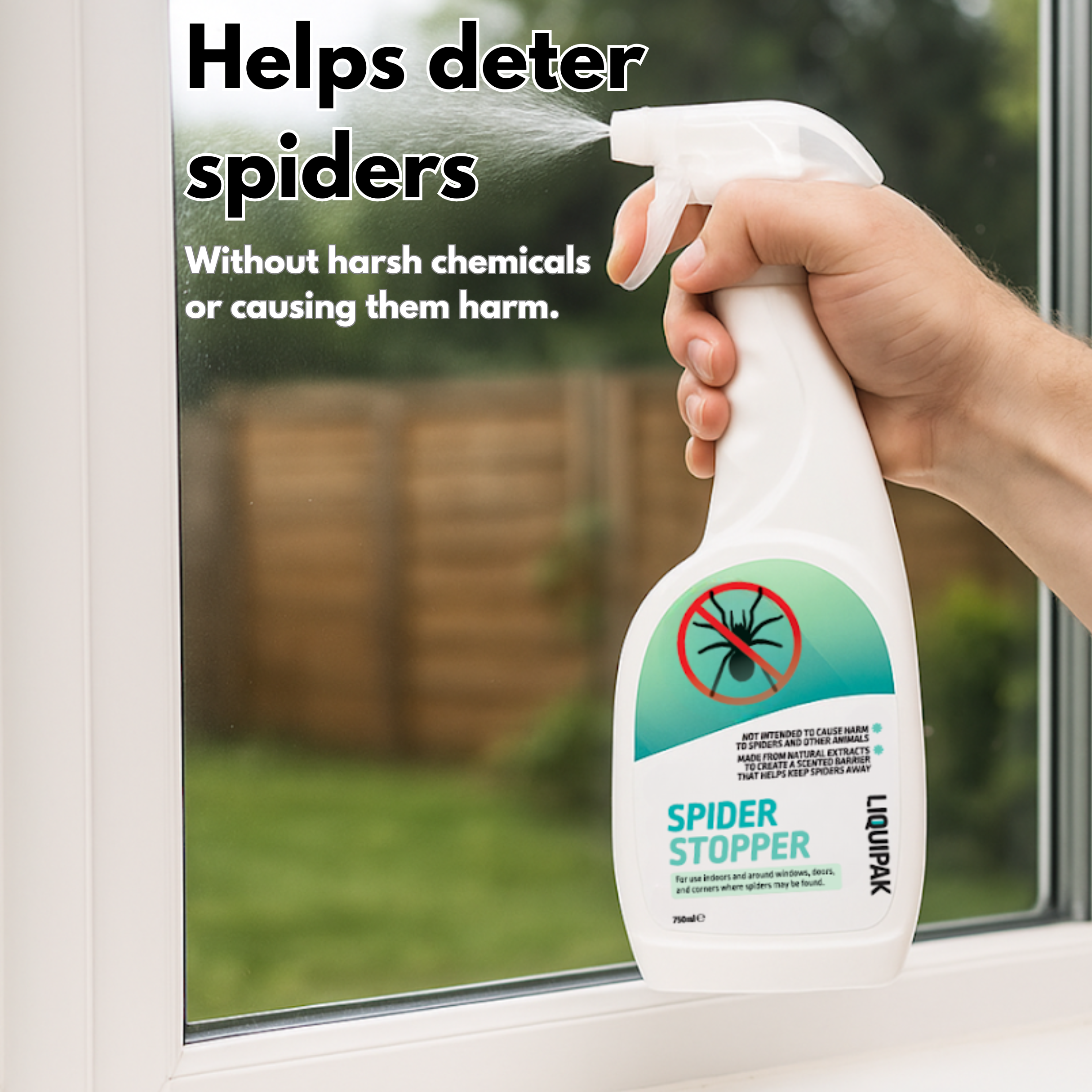 Hand holding a spray bottle labeled Liquipak 'Spider Stopper' with text about deterring spiders.