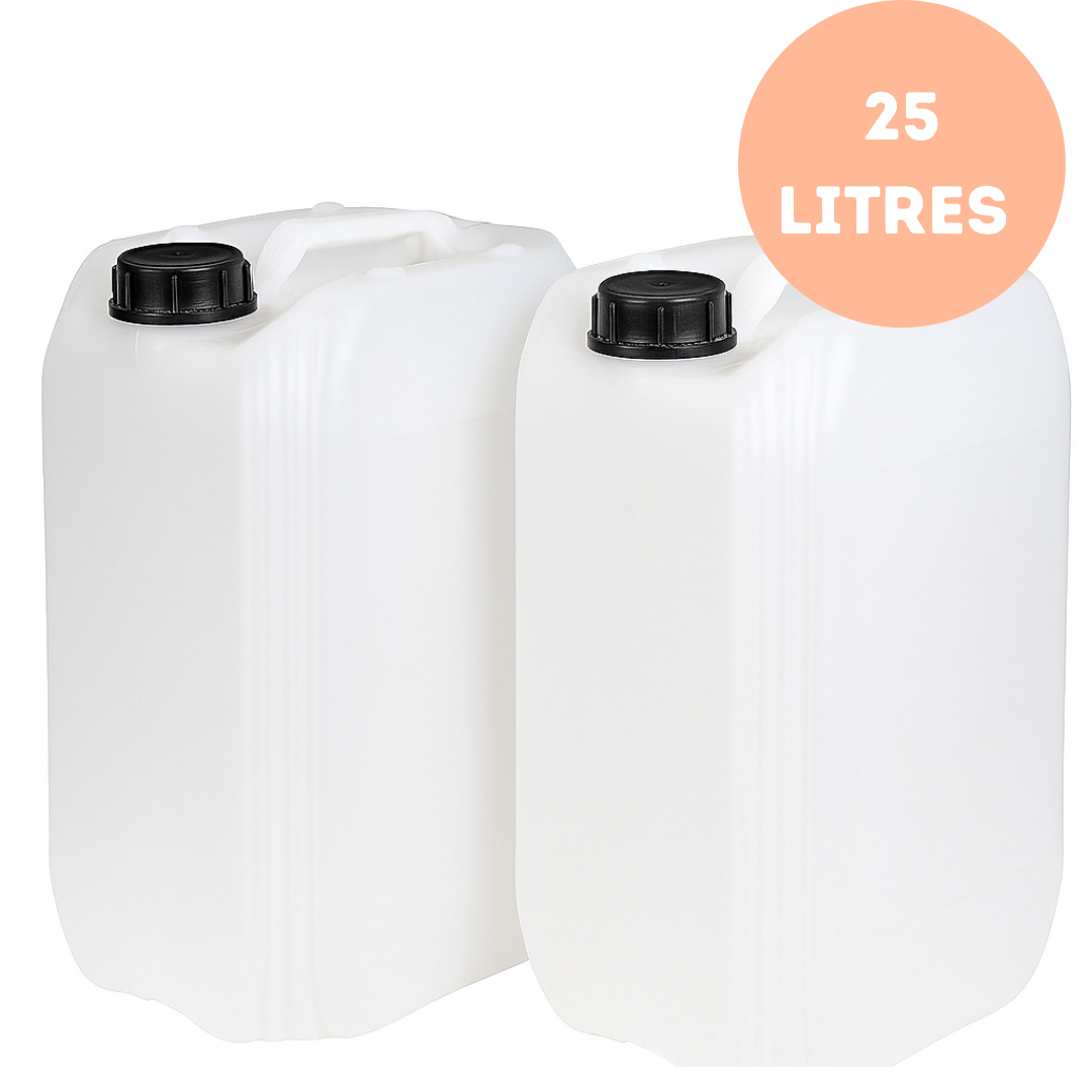 Two white plastic jerry cans with black lids on a white background, labeled '25 Litres' | Liquipak