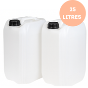 Two white plastic jerry cans with black lids on a white background, labeled '25 Litres' | Liquipak