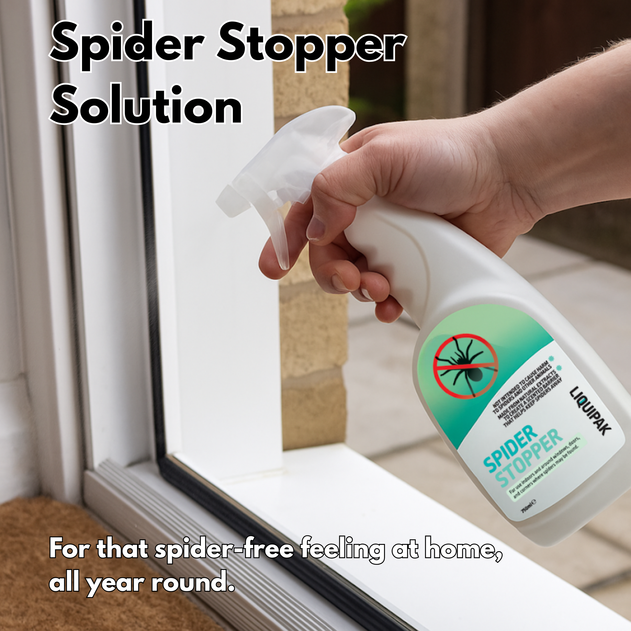 Liquipak Spider Stopper Solution spray bottle held by a hand with text about spider-free feeling at home.