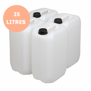 4 white plastic jerry cans with black lids on a white background, labeled '25 Litres' | Liquipak