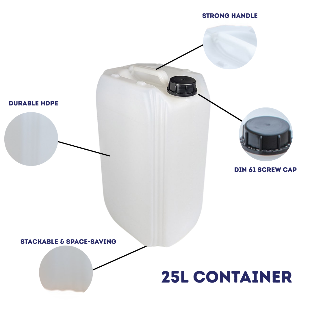 25L container with features labeled on a white background | Liquipak