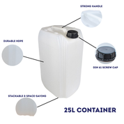 25L container with features labeled on a white background | Liquipak