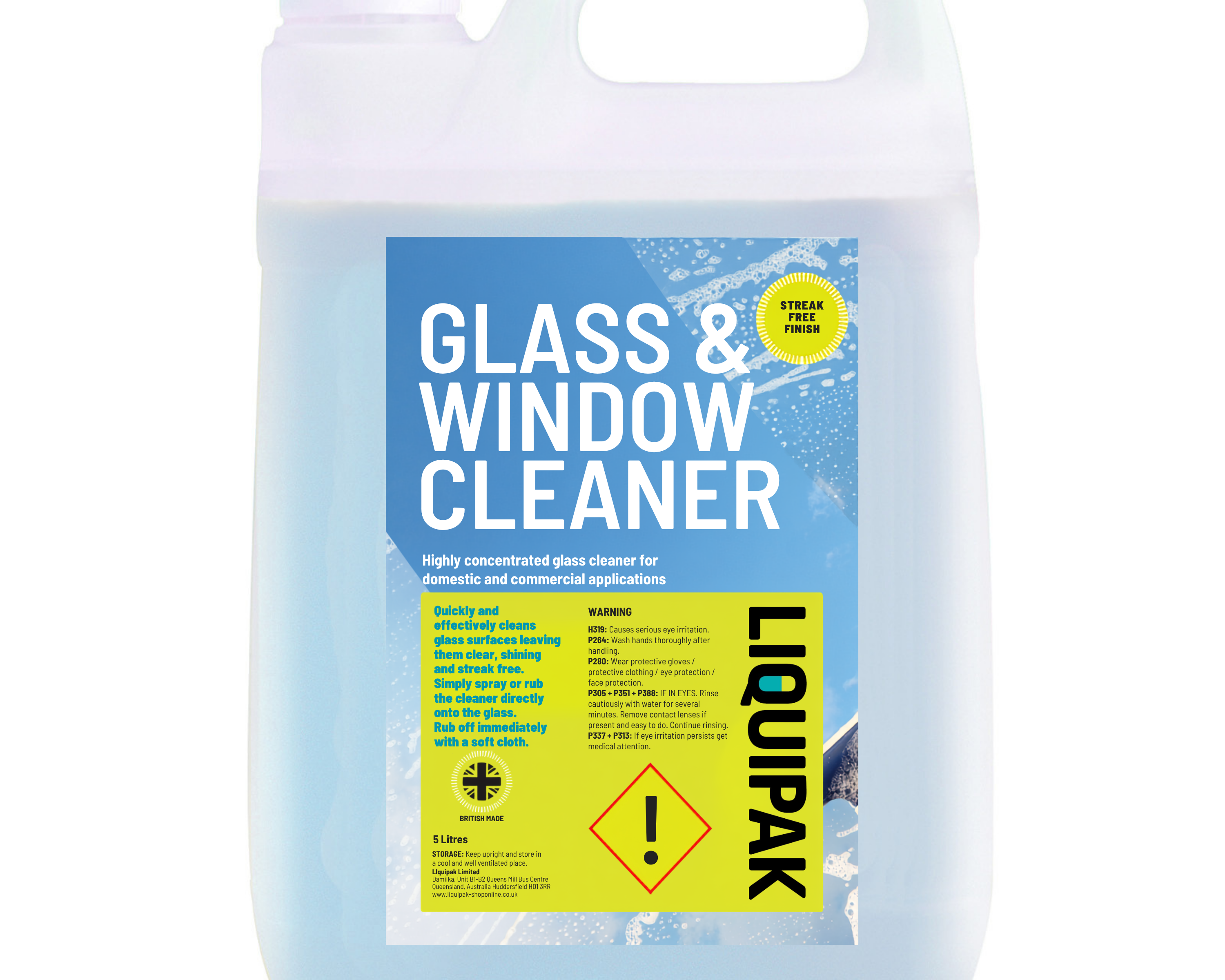 A 5L plasticjerry can of LIQUIPAK Glass & Window Cleaner, featuring a blue and yellow label on a white background.