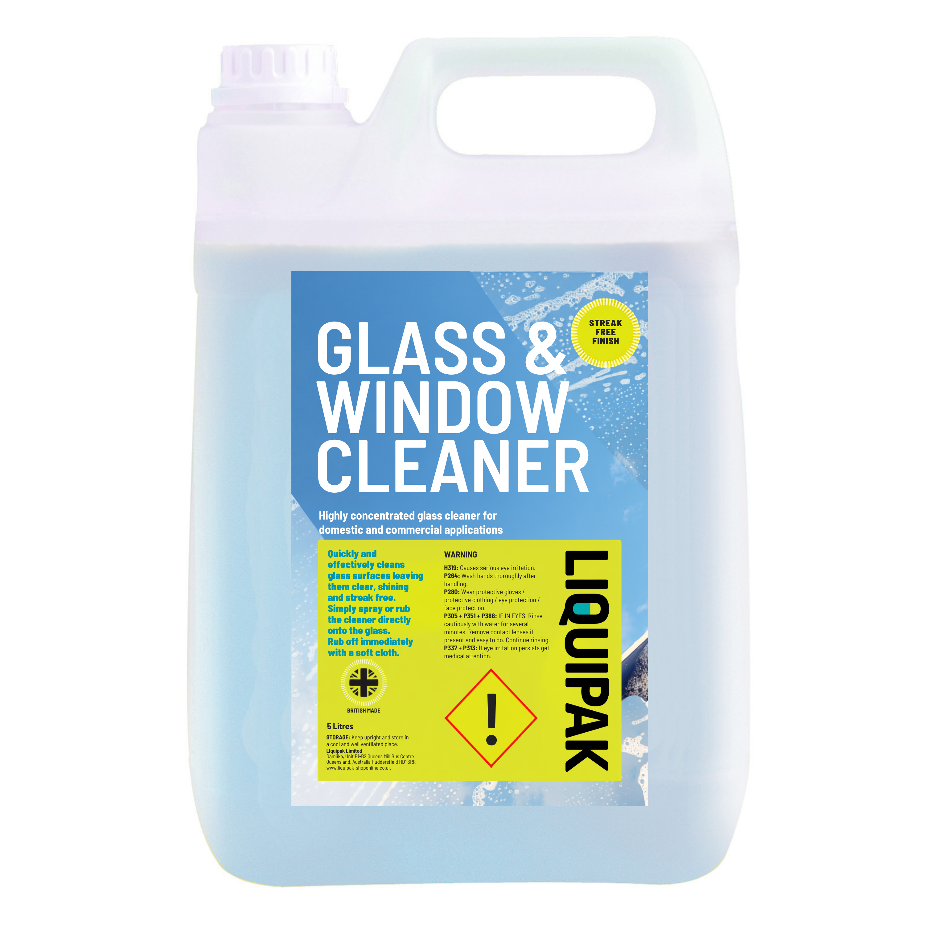 A 5L plasticjerry can of LIQUIPAK Glass & Window Cleaner, featuring a blue and yellow label on a white background.