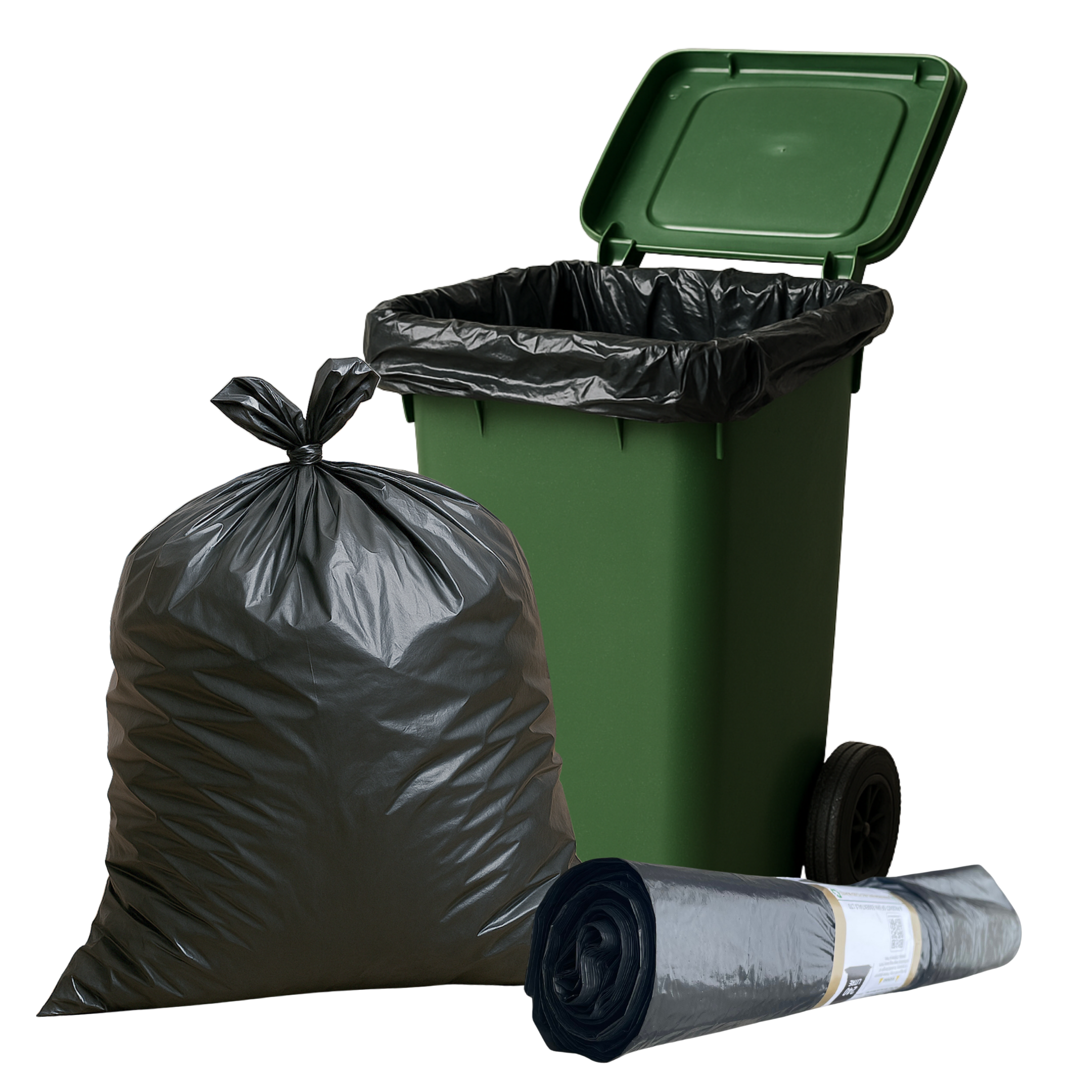Green trash bin with black trash bags and a roll of wheelie bin liners on a white background | Liquipak