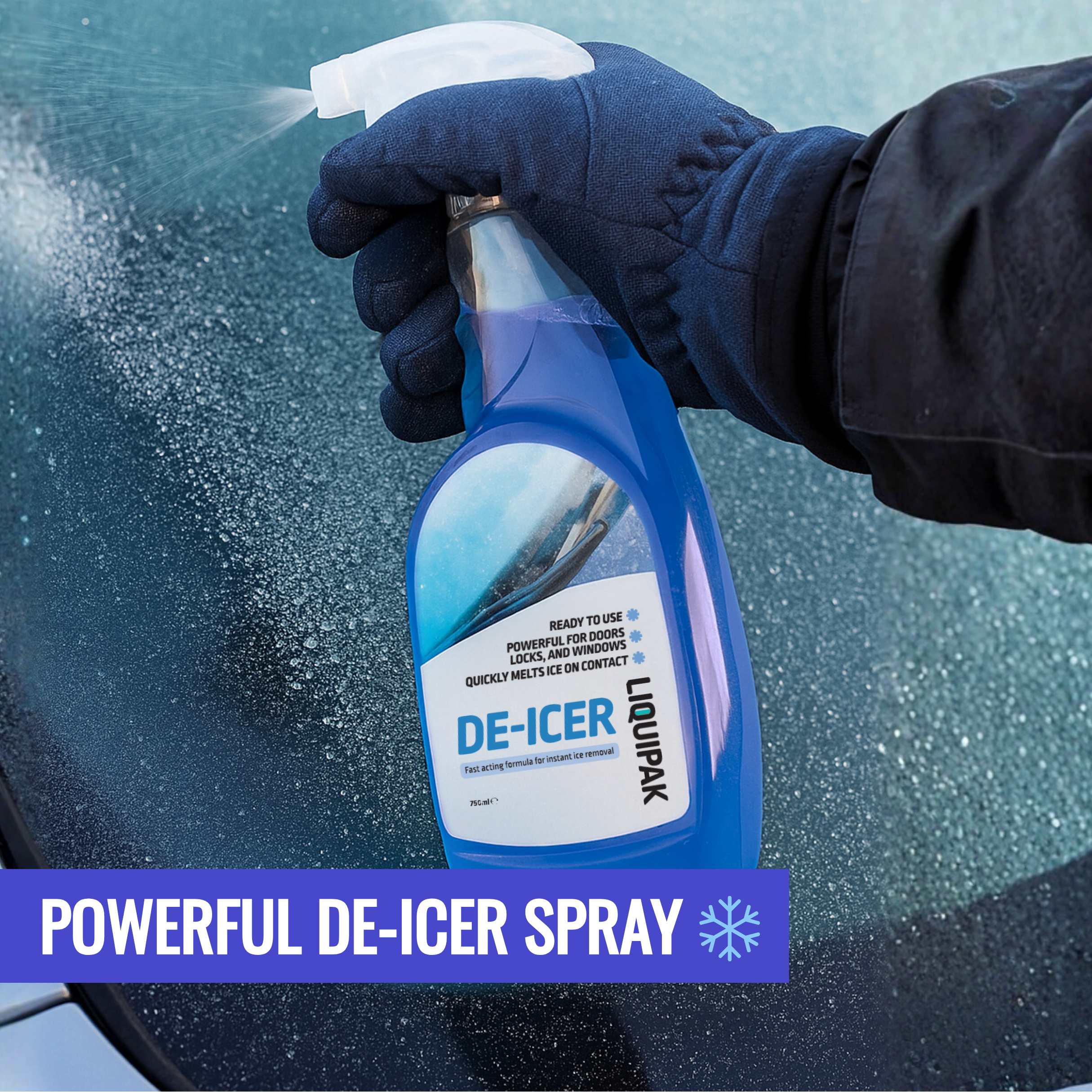 Person using a de-icer spray on a car window with visible text 'Liquipak Powerful De-Icer Spray'.