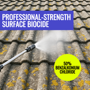 Pressure washer cleaning a roof with text about professional-strength surface biocide and benzalkonium chloride.