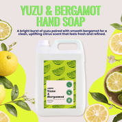 Yuzu & Bergamot hand soap bottle with green label and lemon slices on a light pink background | Liquipak